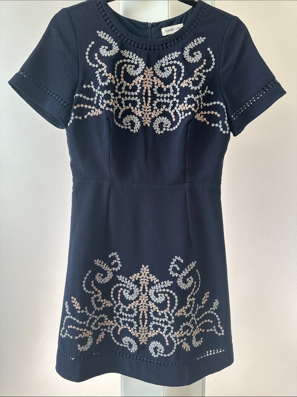 Sugarlips Navy Mini Dress with Cream Embroidery